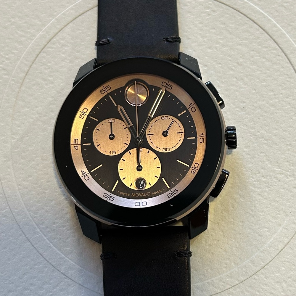 Movado Bold TR90 Watch With 43.5mm Black & RoseGold Chronograph Face
